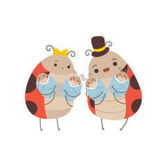 Happy Ladybug Family, Cheerful Mother and Father Ladybugs and Their Four Newborn Babies, Cute Cartoon Insects Characters Vector Illustration
