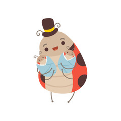 Happy Ladybug Family, Manly Ladybug with Top Hat on His Head Holding His Newborn Babies, Cute Cartoon Insects Characters Vector Illustration