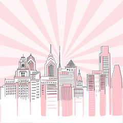 New York city scape on Retro sun ray background. Hand drawn vector doodle graphics. Pink and black colours. Perfect for girlish design. © AngellozOlga