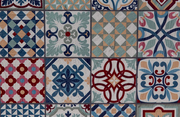 Moroccan and Mediterranean Tiles background.Wall ceramic tiles pattern floral mosaic, Floral patchwork tile design. Colorful Mediterranean square tiles, mosaic ornaments. tile mosaic background, 