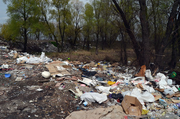 Spring landscape.Ecology of Ukraine. Nature near Ukrainian capital. Environmental contamination. Illegal junk dump. Near Kiev,Ukraine