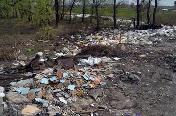 Spring landscape.Ecology of Ukraine. Nature near Ukrainian capital. Environmental contamination. Illegal junk dump. Near Kiev,Ukraine