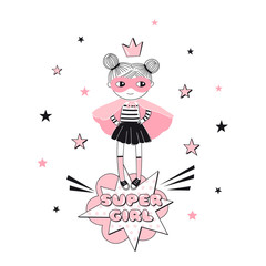 Little cartoon supergirl character illustration. Girlish Pink Super Hero themed vector doodle graphics. Perfect for little girl design like t-shirt textile fabric print birtday party art wall poster © AngellozOlga