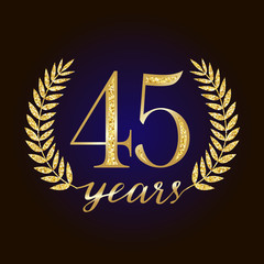 45 th years old logotype. Isolated elegant abstract nominee graphic seal of 45%. Congratulating celebrating decorating card design template. Round shape luxurious digits, up to -45 % percent off sign.