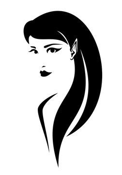 beautiful elf woman with long hair and sharp ears - black and white vector fairy portrait