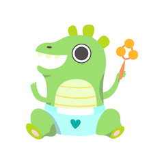 Cute Little Dino Wearing Diaper Sitting with Rattle, Green Adorable Baby Dinosaur Character Vector Illustration