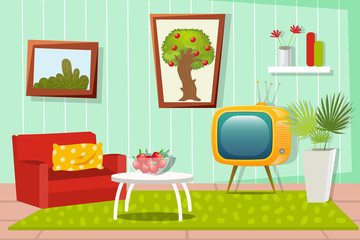 The interior of the living room is made in cartoon style with furniture. TV, chair, carpet, fruit table. - 262509136