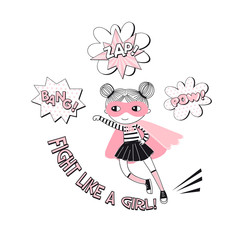 Little cartoon supergirl character illustration. Girlish Pink Super Hero themed vector doodle graphics. Perfect for little girl design like t-shirt textile fabric print birtday party art wall poster