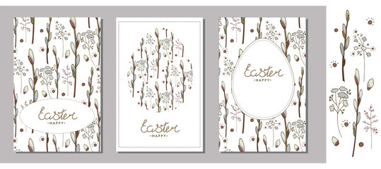 Set of Easter greeting cards, templates with willow branches, herbs and eggs. Willow branches and herbs isolated on a white background. Lettering. Happy Easter - obrazy, fototapety, plakaty