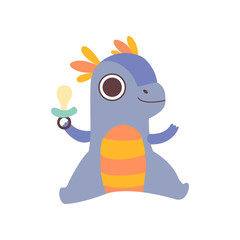 Cute Little Dino Sitting with Pacifier, Adorable Baby Dinosaur Character Vector Illustration