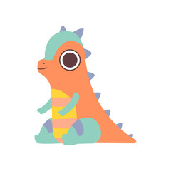 Cute Colorful Little Dino, Adorable Baby Dinosaur Character Sitting on Floor Vector Illustration