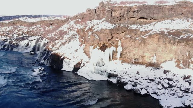 Aerial view of Hraunfossar waterfall in western Iceland