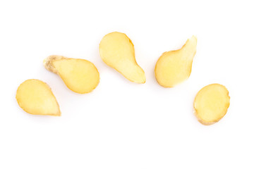 Fresh ginger root sliced on white background for herb and medical product concept