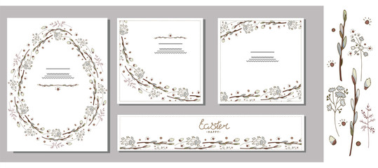 Set of Easter greeting cards, templates with willow branches, herbs. Willow wreath in the form of egg. Willow branches and herbs isolated on a white background. Lettering. Happy Easter © LiaRey