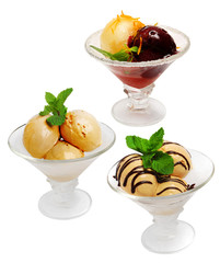 A set of glasses of different ice cream on a white background