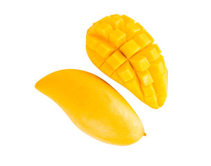 Closeup ripe mango tropical fruit with slice isolated on white background