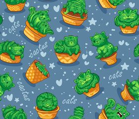 Seamless pattern with succulents and cactus plant in forms of cats. It can be used for sticker, patch, phone case, poster, t-shirt, mug and other design.