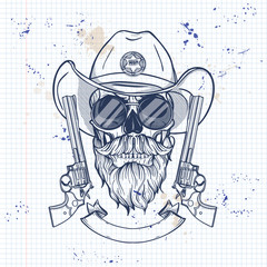 Sketch, skull with cowboy hat, sheriff_s badge, revolver, beard and mustaches and glasses on a notebook page