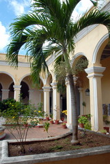 Fototapeta na wymiar Ville de Trinidad, arcades, jardin intérieur fleuri et palmier, Cuba, Caraîbes