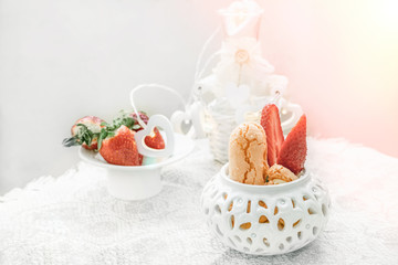 Pancakes from puff pastry with strawberries, European homemade. Homemade biscuits for tea.