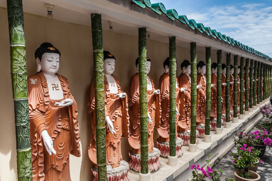 The gallery of the Buddha statues in the Kek Lok Si Temple, the ornate Buddhist temple, Penang Island, Malaysia