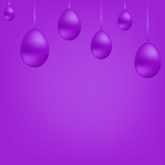 Bright banner of violet hanging eggs on the tape.Copy space.Vector illustration.