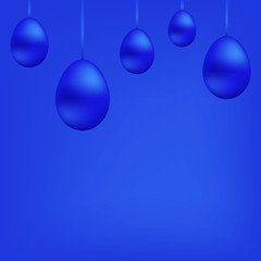 Bright banner of blue hanging eggs on the tape.Copy space.Vector illustration.