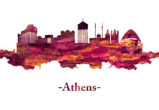 Athens Greece Skyline in Red