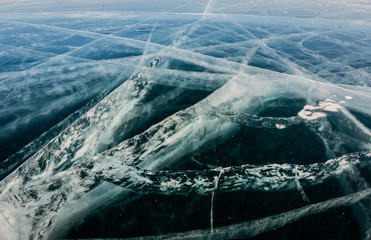 Close up of cracks on the ice at Baikal lake