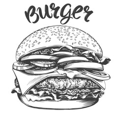 big burger, hamburger hand drawn vector illustration realistic sketch - obrazy, fototapety, plakaty