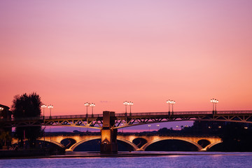 Garonne river bank during sunset, Toulouse, France