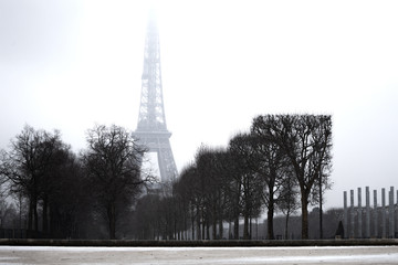 Eiffel Tower in foggy winter day, Paris, France
