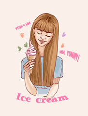 Beautiful young girl holding a big ice cream. Poster with the slogan ice cream, yummy, yum-yum. Hand drawn sketch. Vector illustration.