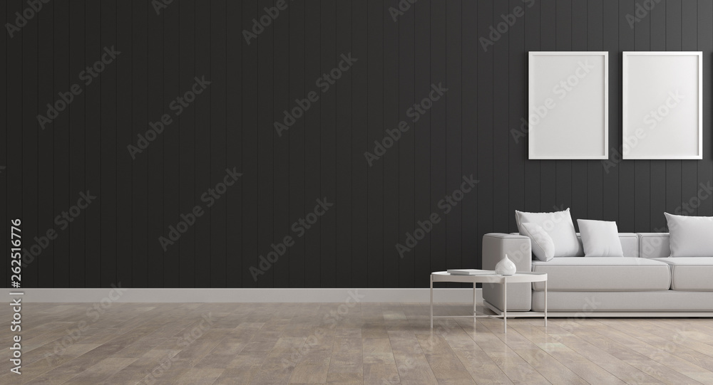 Poster view of living room space with white sofa set and picture frame on dark wall and bright laminate flo
