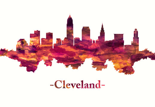 Cleveland Ohio skyline in red