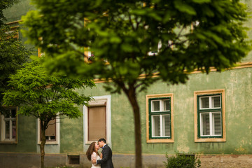 Happy couple posing outdoor near old green house