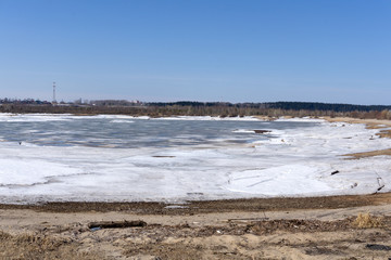 Frozen Lake Baikal Winter crystal glacial lagoon .