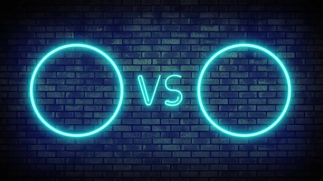 Versus screen in neon style. Blinking futuristic neon VS frames light on brick wall. Neon banner Announcement of two fighters. Competition vs match game, martial battle vs sport. 4k Motion Animation.