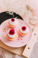 delicious cake and cupcakes in a beautiful decor makes pastry chef