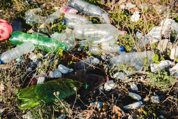 Ecological concept. Ecology problems of the planet Earth. Rubbish in places of rest by the sea. Plastic bottles among green grass and flowers.