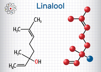 Linalool  molecule. Structural chemical formula and molecule model. Sheet of paper in a cage
