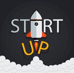 START UP. Vector illustration. Flat concept background with rocket.