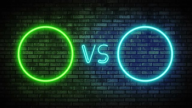 Versus screen in neon style. Blinking futuristic neon VS frames light on brick wall. Neon banner Announcement of two fighters. Competition vs match game, martial battle vs sport. 4k Motion Animation.