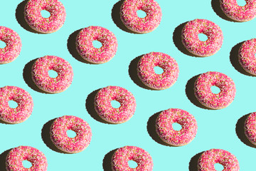 Donuts on a bright color background. Bright collage