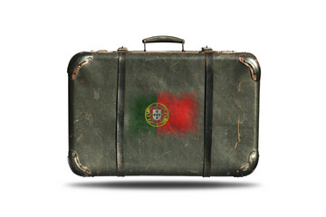 Travel Vintage Leather Suitcase With Flag Of Portugal Isolated On White Background