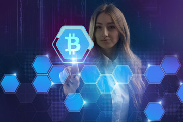Fototapeta premium The concept of business, technology, the Internet and the network. A young entrepreneur working on a virtual screen of the future and sees the inscription: