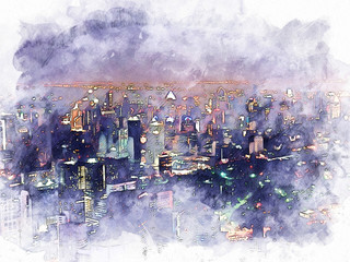 Abstract Beautiful capital city in the sunrise evening on watercolor illustration painting background.