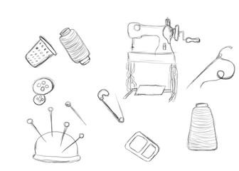 Sewing Kit Doodles - hand drawn design elements seamstress in rastr