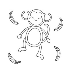 cute cartoon black and white monkey with banana vector illustration for coloring art