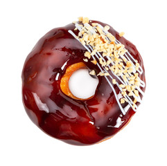 Fototapeta premium Donut with glossy mirror caramel glaze and nuts isolated on white